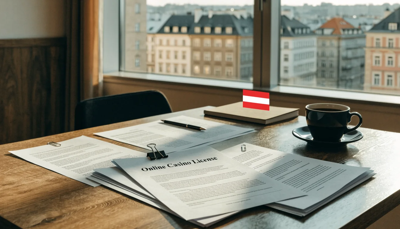 Realistisches Foto eines Büros mit österreichischen Dokumenten und Stadtblick